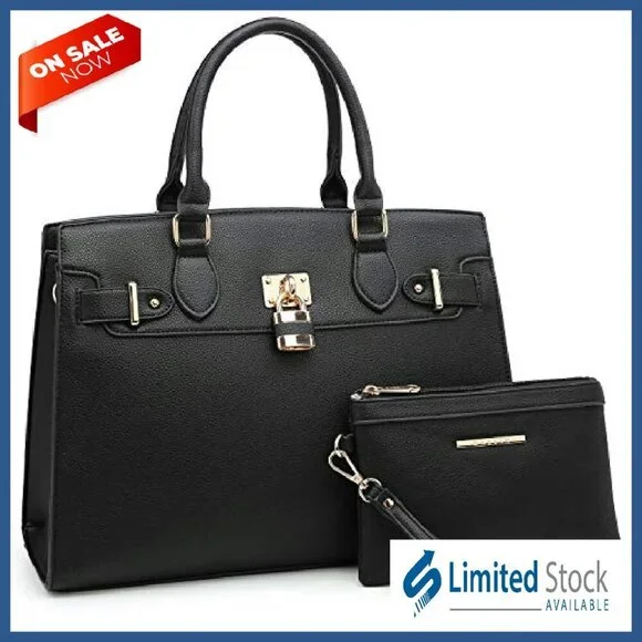 Vegan Leather Tote with Clutch, 13.5 Work Bag, Multiple Pockets